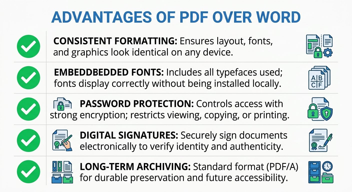 WordよりもPDFが優れている点を実用的なチェックリスト形式で示した図