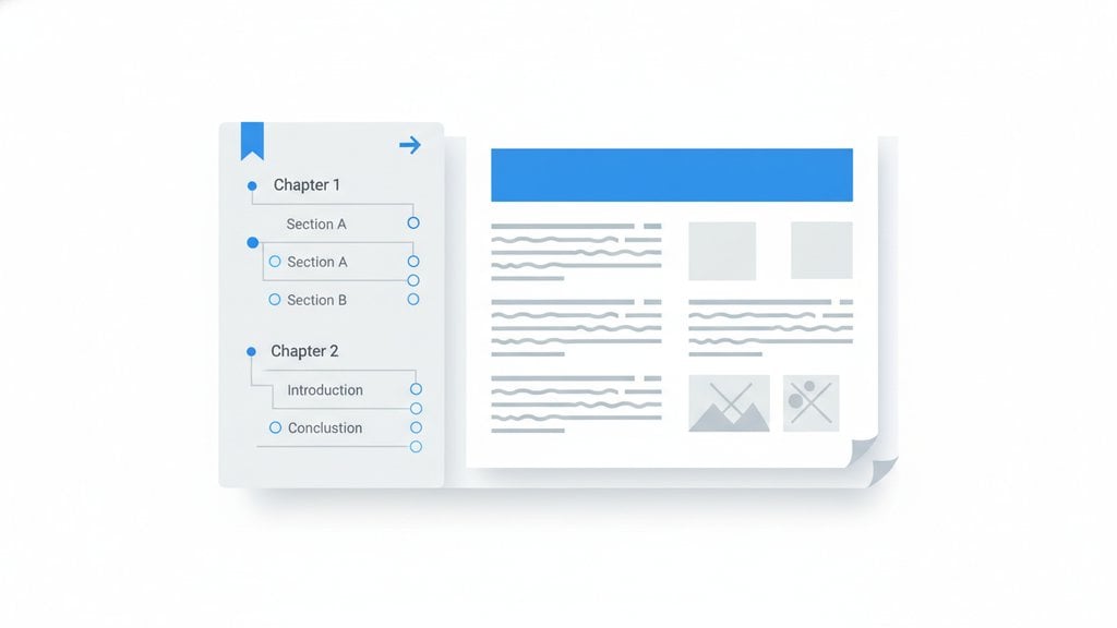 PDF document with an open bookmarks sidebar panel showing a nested section navigation structure