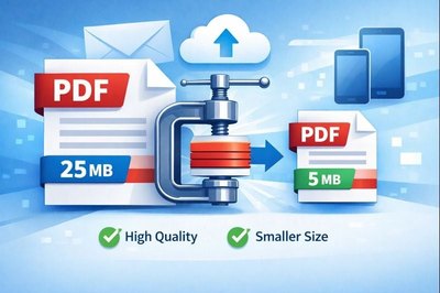 Illustration zeigt PDF-Komprimierung von 25MB auf 5MB bei gleichbleibender Qualität mit Cloud-, E-Mail- und Mobilsymbolen