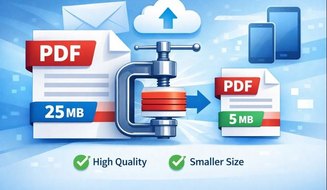 Ilustrasi fail PDF dimampatkan dari 25MB ke 5MB dengan kualiti terjaga, berserta ikon awan, e-mel dan mudah alih