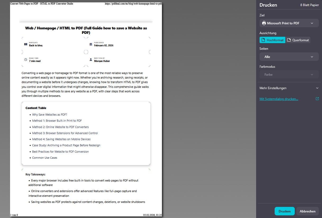 Browser print dialog showing save as PDF option for HTML conversion