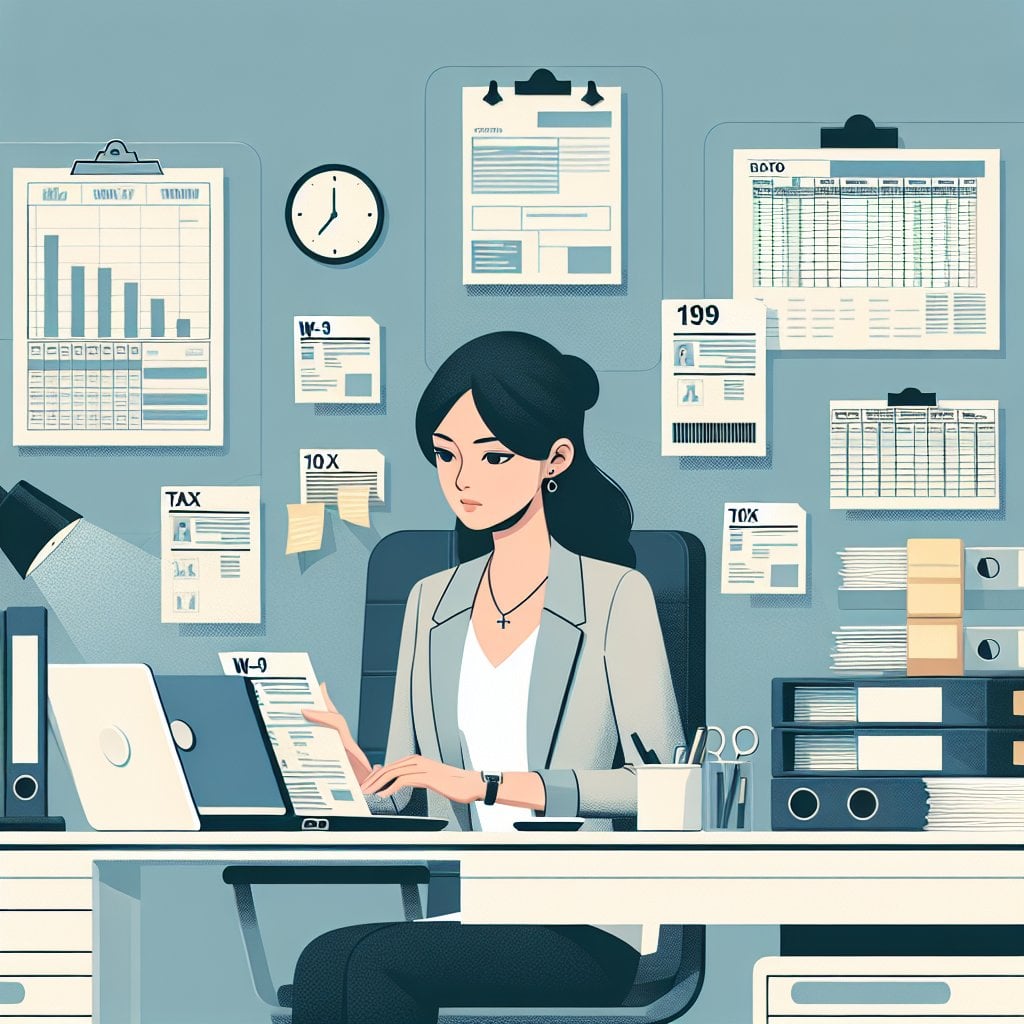 Business professional reviewing W-9 forms and 1099 documents