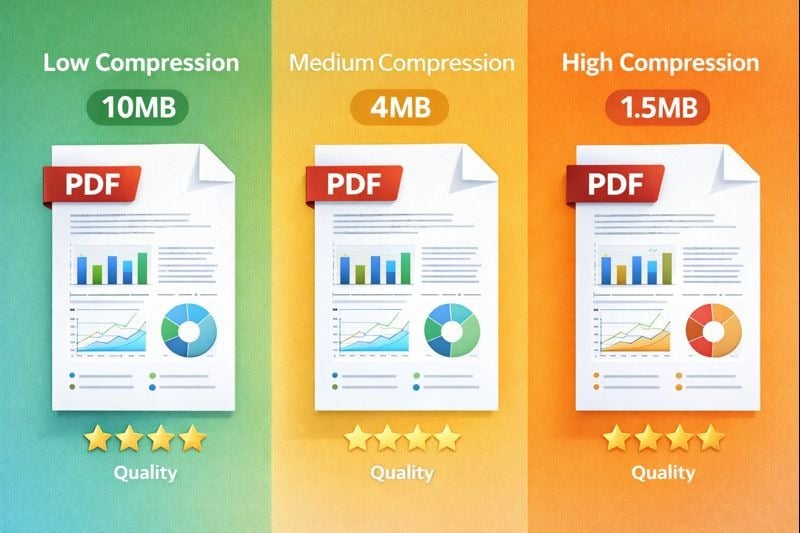 Nebeneinander-Vergleich verschiedener PDF-Komprimierungsstufen und ihrer Qualitätsauswirkung
