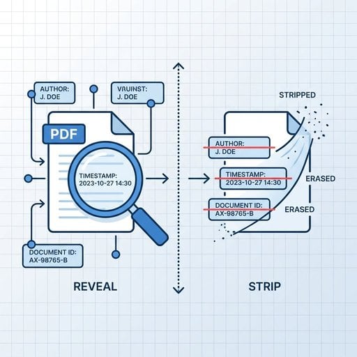การลบข้อมูล metadata ของ PDF แสดงฟิลด์ข้อมูลซ่อน เช่น ชื่อผู้แต่งและเวลาประทับที่ถูกลบออก