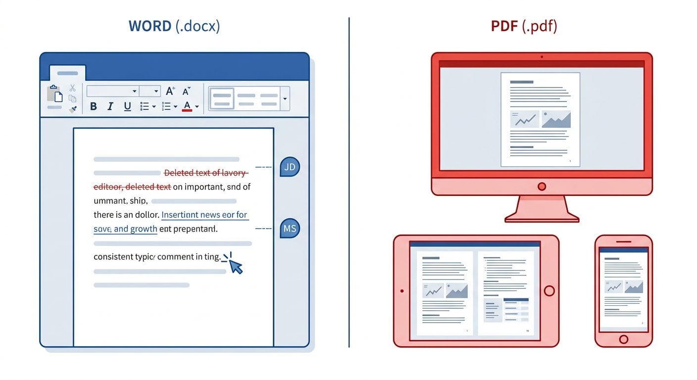 PDF vs Word format comparison guide showing when to use each document format for professional and business use