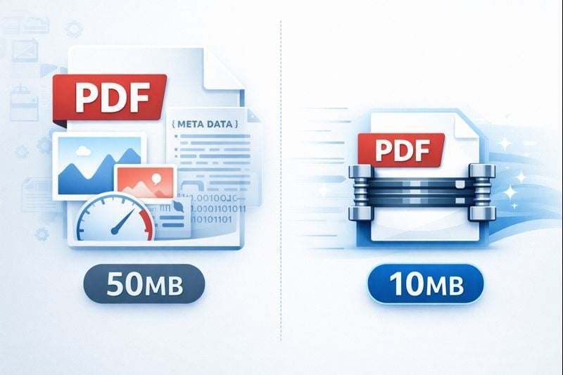 Comparison showing large PDF file sizes versus compressed versions