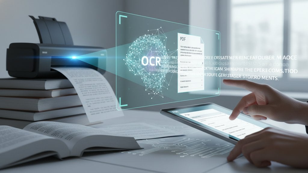 OCR technology scanning a printed document and converting it into a digital PDF on a tablet