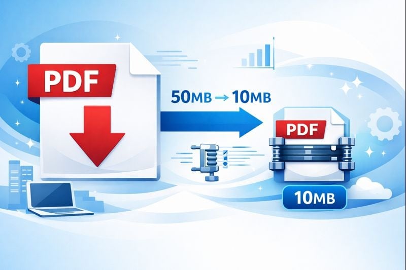 Illustration showing a large PDF file being compressed into a smaller PDF, with file size reduced from 50MB to 10MB, representing efficient PDF optimization in a business setting.
