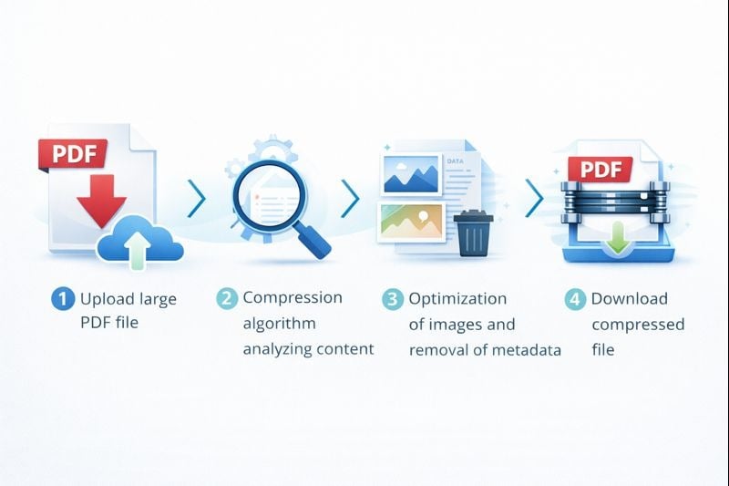 Step-by-step diagram showing PDF compression workflow
