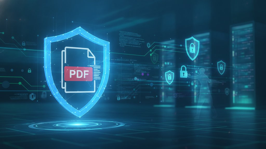 A glowing PDF document icon secured by a digital padlock symbolizing PDF digital rights management and copy protection.