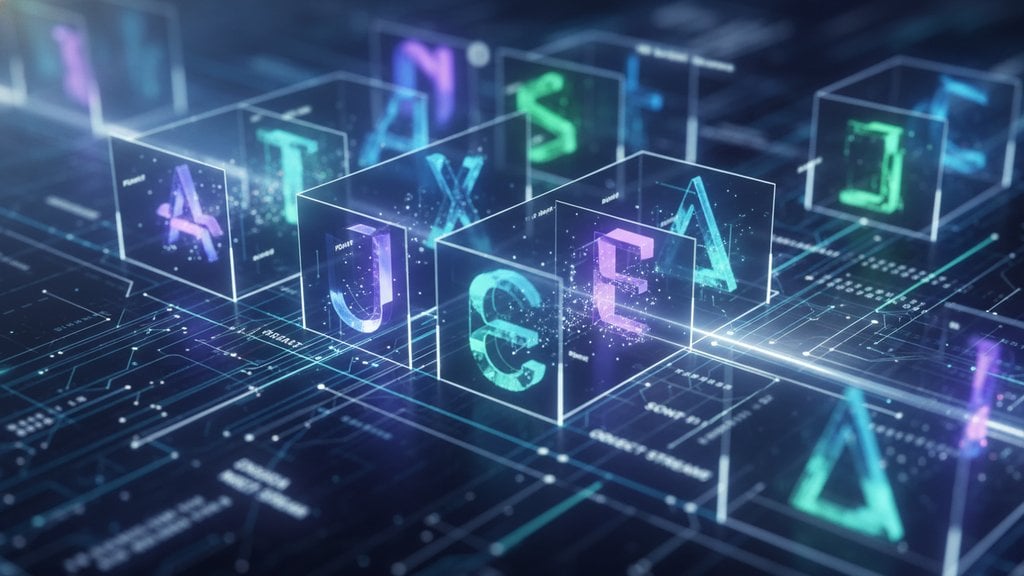 3D digital cubes containing glowing letters floating on a dark blue circuit board background, representing embedded font data in PDF files