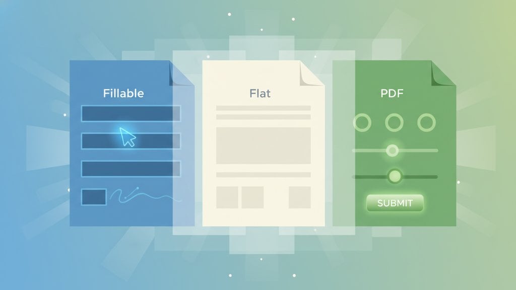Three PDF document types compared side by side: fillable PDF  with editable form fields and signature, flat PDF with locked  text, and interactive PDF with checkboxes, sliders, and submit button