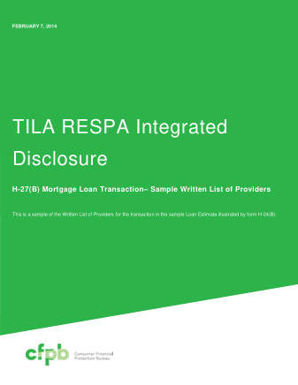 CFPB Mortgage Form 201403 CFPB MORTGAGE LOANS TRANSACTIONS COVER H27B