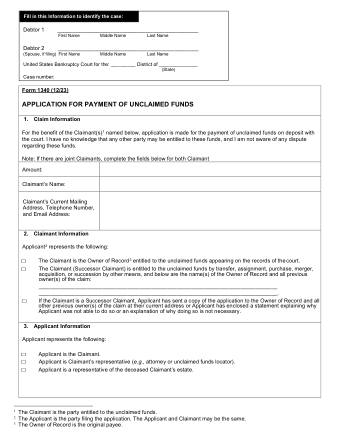 US Courts Form FORM 1340 APPLICATION UNCLAIMED FUNDS