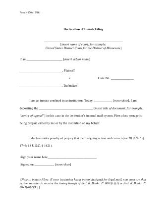 US Courts Form FORM 4170 1218 0