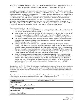 USCIS Form TAMPA-ATTORNEY-REPRESENTATIVE-REMOTE-INTERVIEW-PARTICIPATION-OPT-IN-FORM01112022