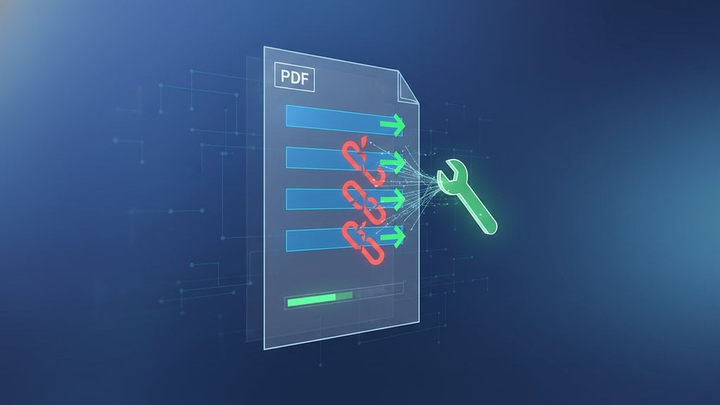 PDF document with broken chain link icons being repaired by a wrench tool, illustrating how to fix non-working PDF hyperlinks