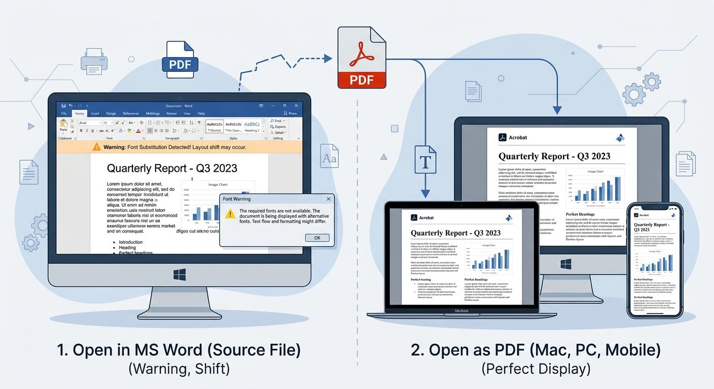 複数のデバイスでのレイアウトの違いを示すPDFとWordの形式比較