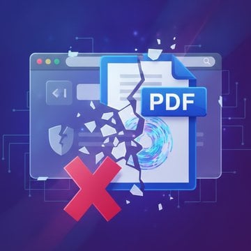 Illustration of a frustrated user at a computer with a PDF document and error icon, surrounded by troubleshooting symbols and browser windows.