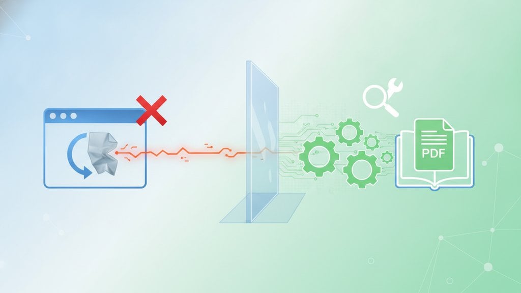 Illustration of a frustrated user at a computer with a PDF document and error icon, surrounded by troubleshooting symbols and browser windows.
