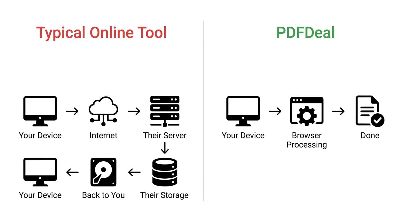 Diagramm: Vergleich der clientseitigen Browserverarbeitung von PDFDeal mit dem Server-Upload-Modell von Mitbewerbern für den PDF-Datenschutz