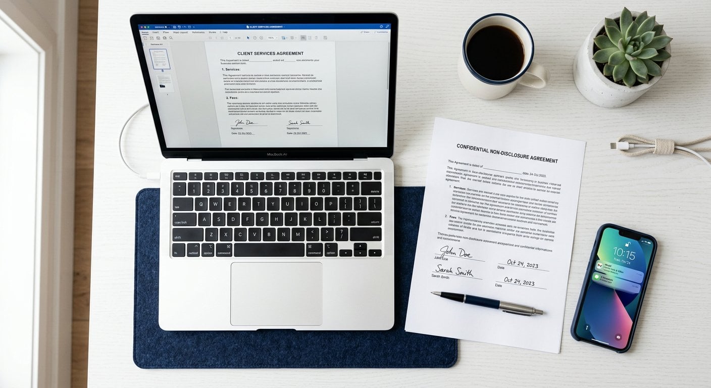 Kleinunternehmer verwaltet PDF-Tools für kleine Unternehmen auf einem Laptop