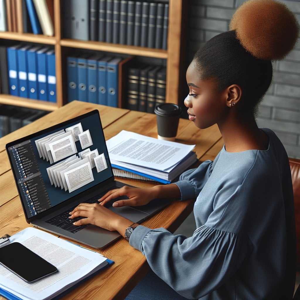 Student using PDF tools to organize assignments and notes on laptop