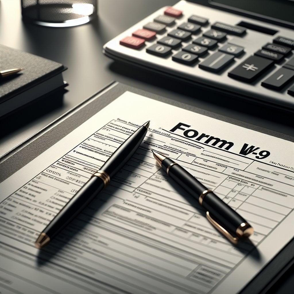 W-9 tax form document with pen and calculator