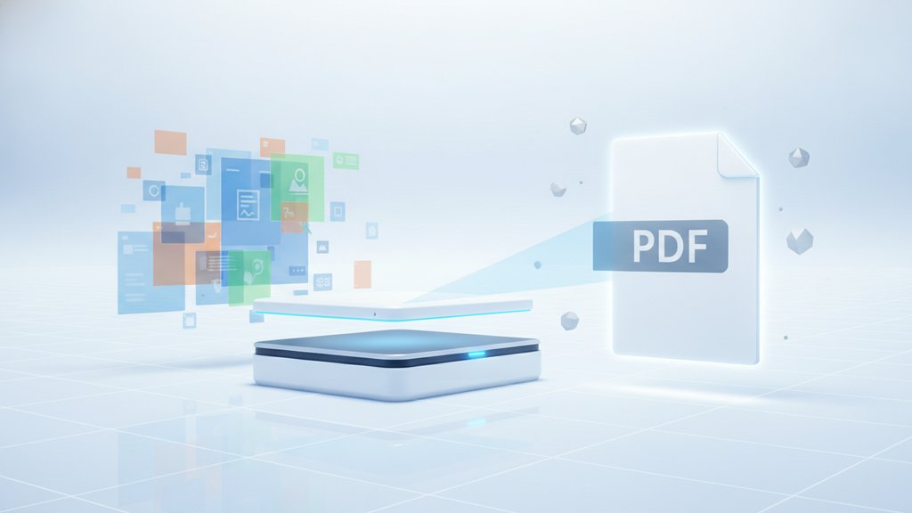A layered PDF document visually compressing and flattening into a single clean page on a bright modern desk.