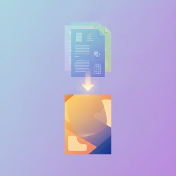 A layered PDF document visually compressing and flattening into a single clean page on a bright modern desk.